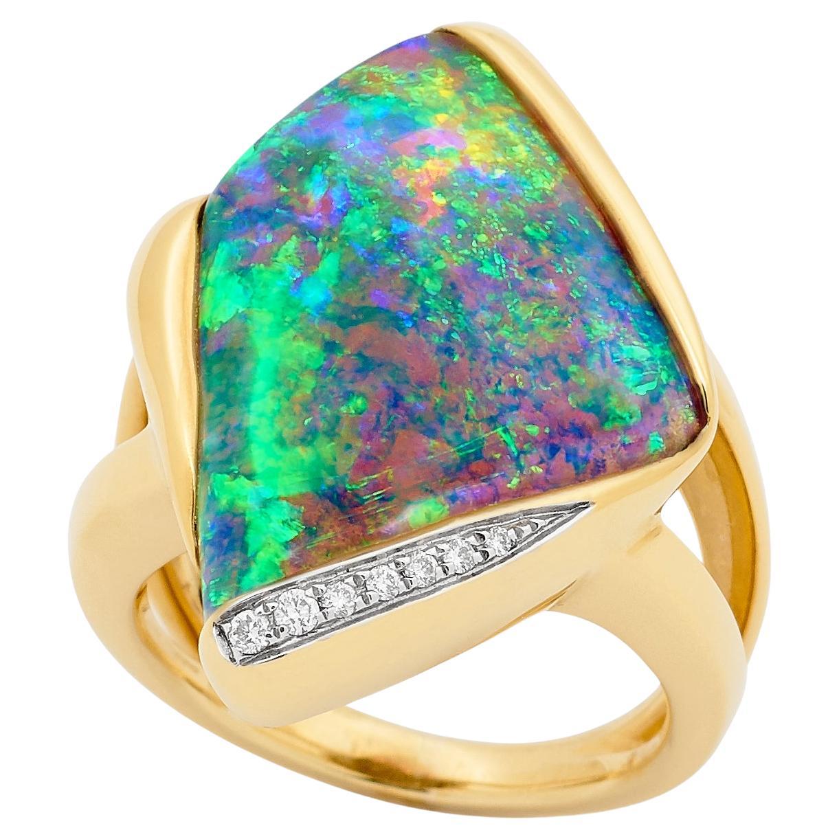 Natural Australian Boulder Opal / Diamond Set Dangle Earrings and Ring 18k Gold For Sale