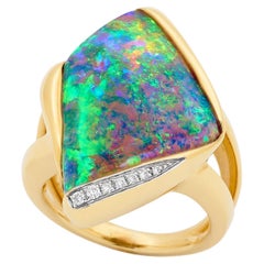 Used Natural Australian Boulder Opal / Diamond Set Dangle Earrings and Ring 18k Gold