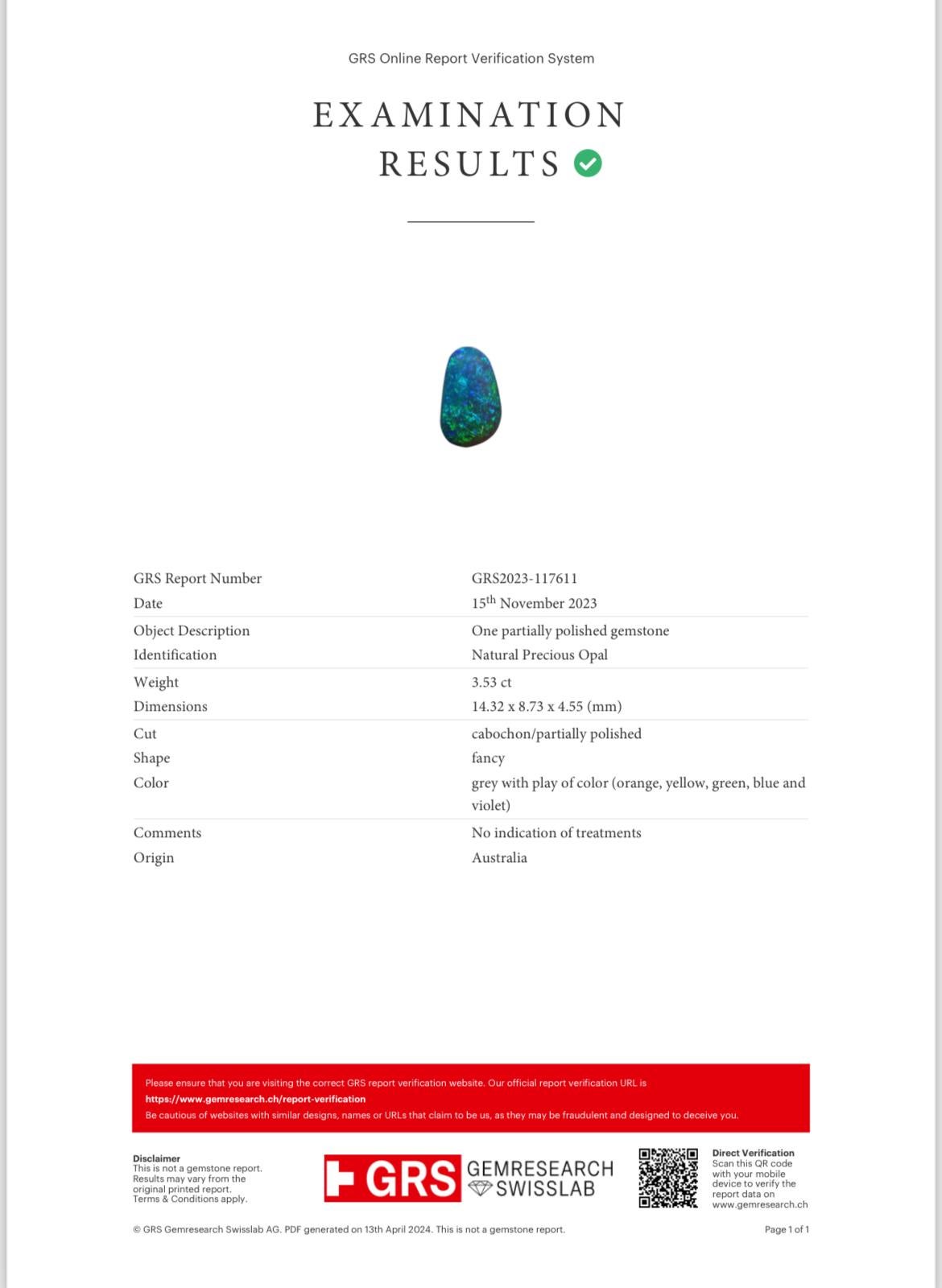 Natural Australian Opal GRS 3.53 ct  For Sale 7