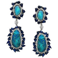 Natural Australian Opals 14.20ct Diamond Sapphire Earrings 14k. white gold