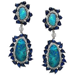  Natural Australian Opals 14.20ct Diamond Sapphire Earrings 14k. white gold