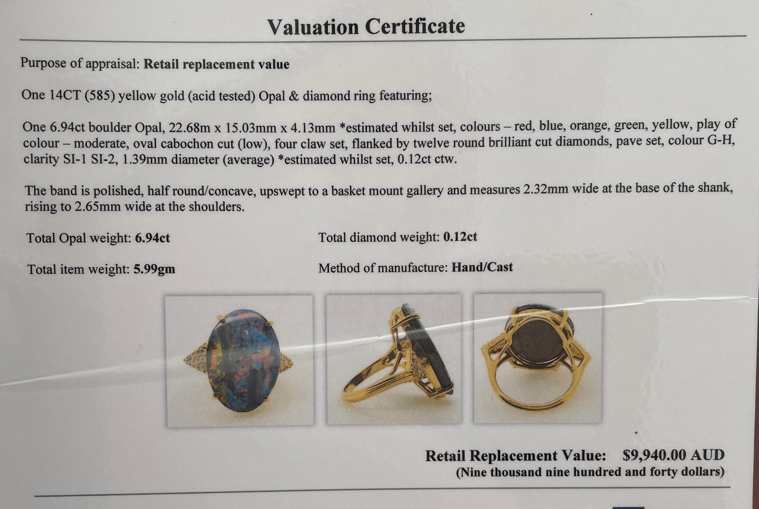 Art Deco Natural Australian Solid Boulder Precious Opal Genuine Diamond Ring Valuation For Sale