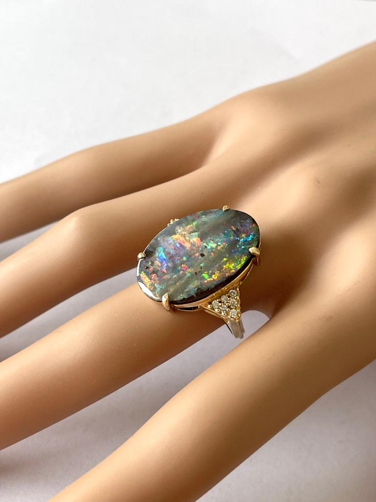 Natural Australian Solid Boulder Precious Opal Genuine Diamond Ring Valuation In New Condition For Sale In Mona Vale, NSW