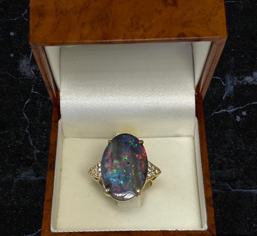 Women's Natural Australian Solid Boulder Precious Opal Genuine Diamond Ring Valuation For Sale