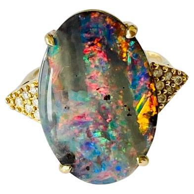 Natural Australian Solid Boulder Precious Opal Genuine Diamond Ring Valuation For Sale