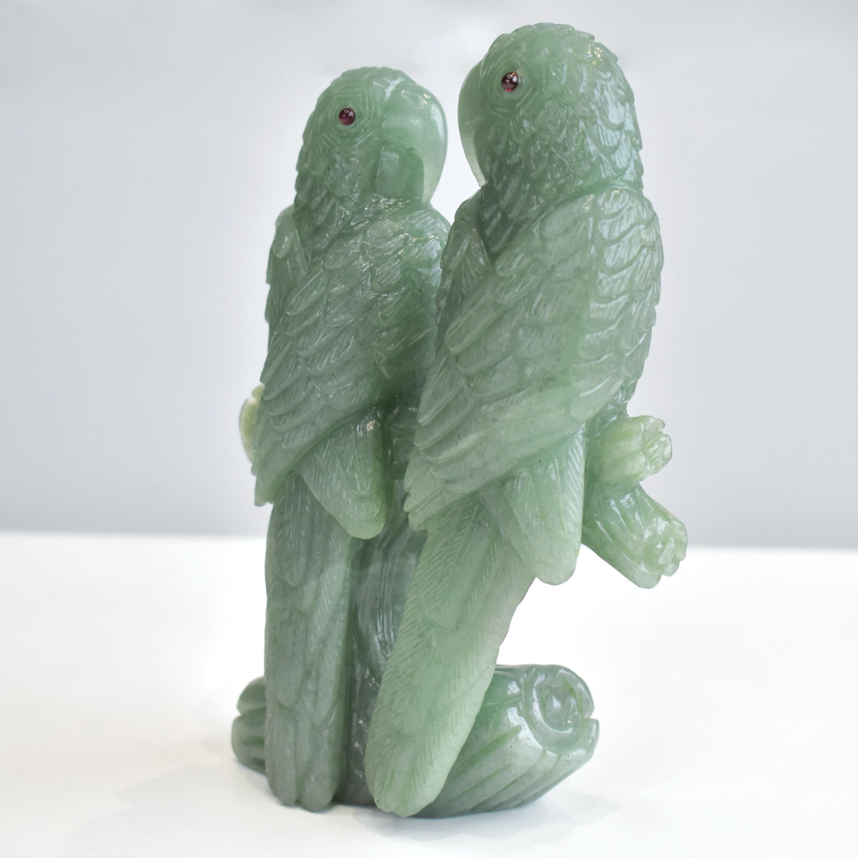 Women's or Men's Natural Aventurine Hand-Carved Love Birds Sculpture Figurine Home Decor For Sale
