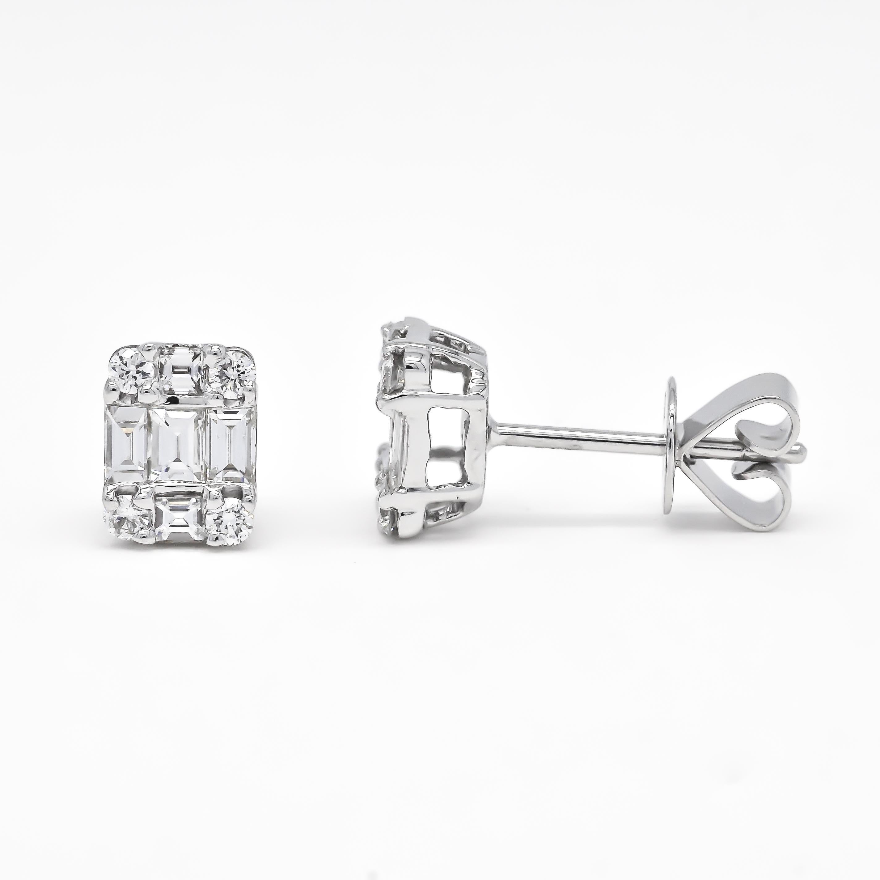 Women's or Men's Natural Baguette 0.80 ct. Diamond Square Cluster 18KT White Gold Stud Earrings For Sale