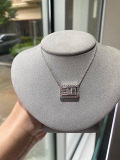Natural Baguette and Round Diamond Halo 14 Karat White Gold Pendant Necklace