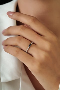 Natural Baguette Blue Sapphire Diamond Stacking Thin Band Ring in 14K White Gold