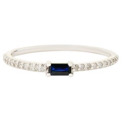 Natural Baguette Blue Sapphire Diamond Stacking Thin Band Ring in 14K White Gold