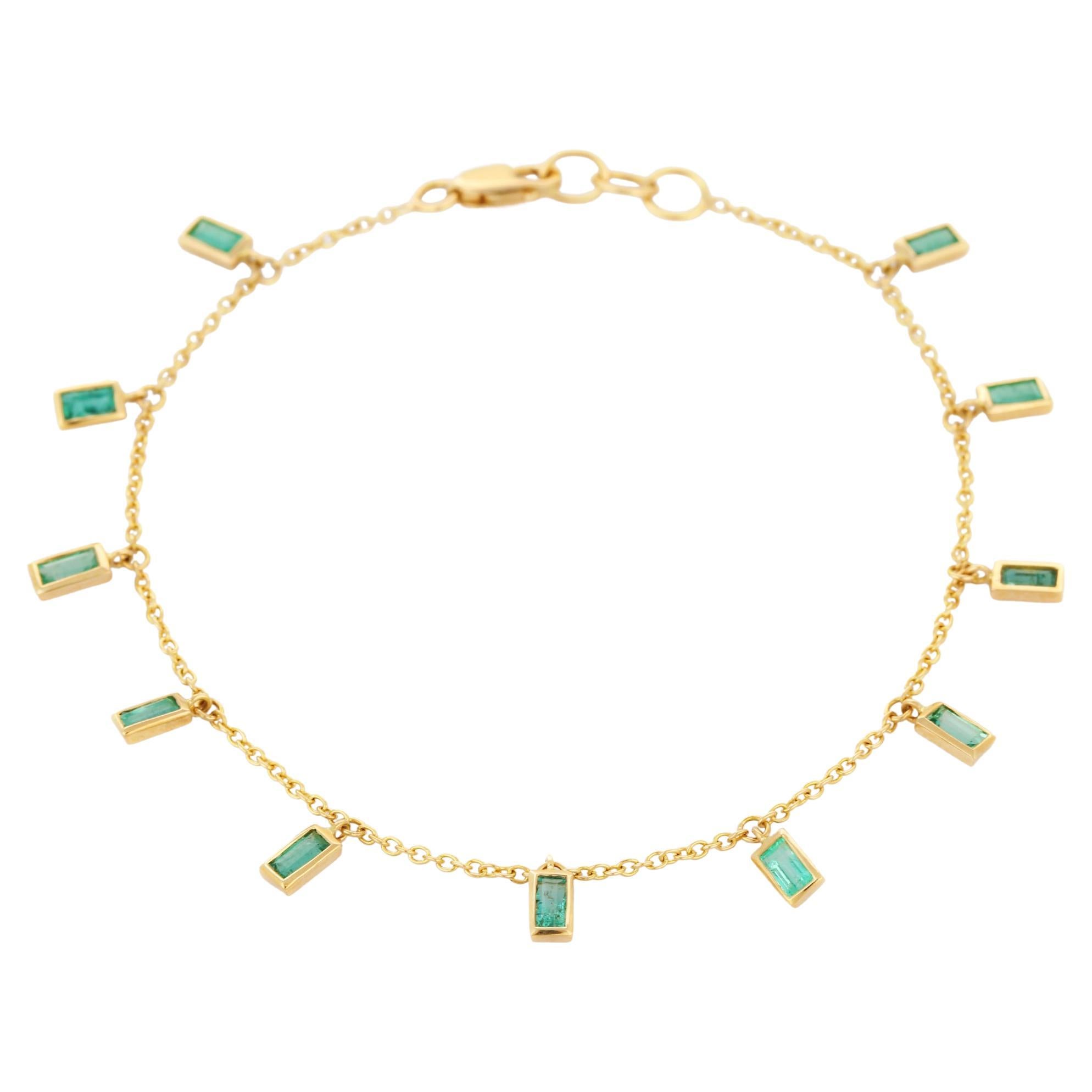 Natural Baguette Cut Emerald Dangling Charm Bracelet in 18K Solid Yellow Gold   For Sale