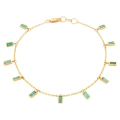 Natural Baguette Cut Emerald Dangling Charm Bracelet in 18K Solid Yellow Gold  