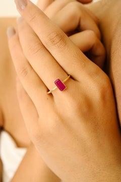 Natural Baguette-Cut Solitaire Ruby Ring in 18k Yellow Gold Everyday Wear