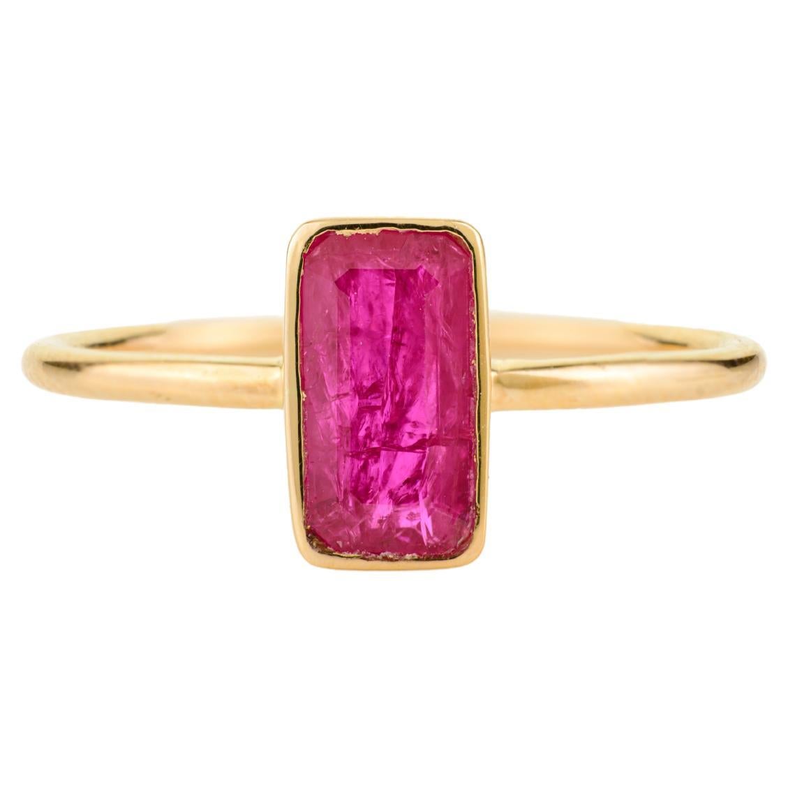 Natural Baguette-Cut Solitaire Ruby Ring in 18k Yellow Gold Everyday Wear
