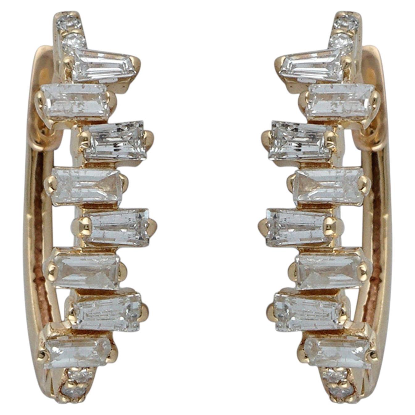 Natural Baguette Diamond 14k Yellow Gold Hoop Earrings Fine Jewelry