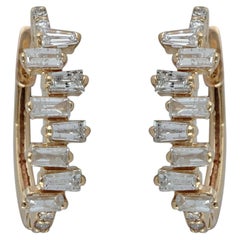 Natural Baguette Diamond 14k Yellow Gold Hoop Earrings Fine Jewelry