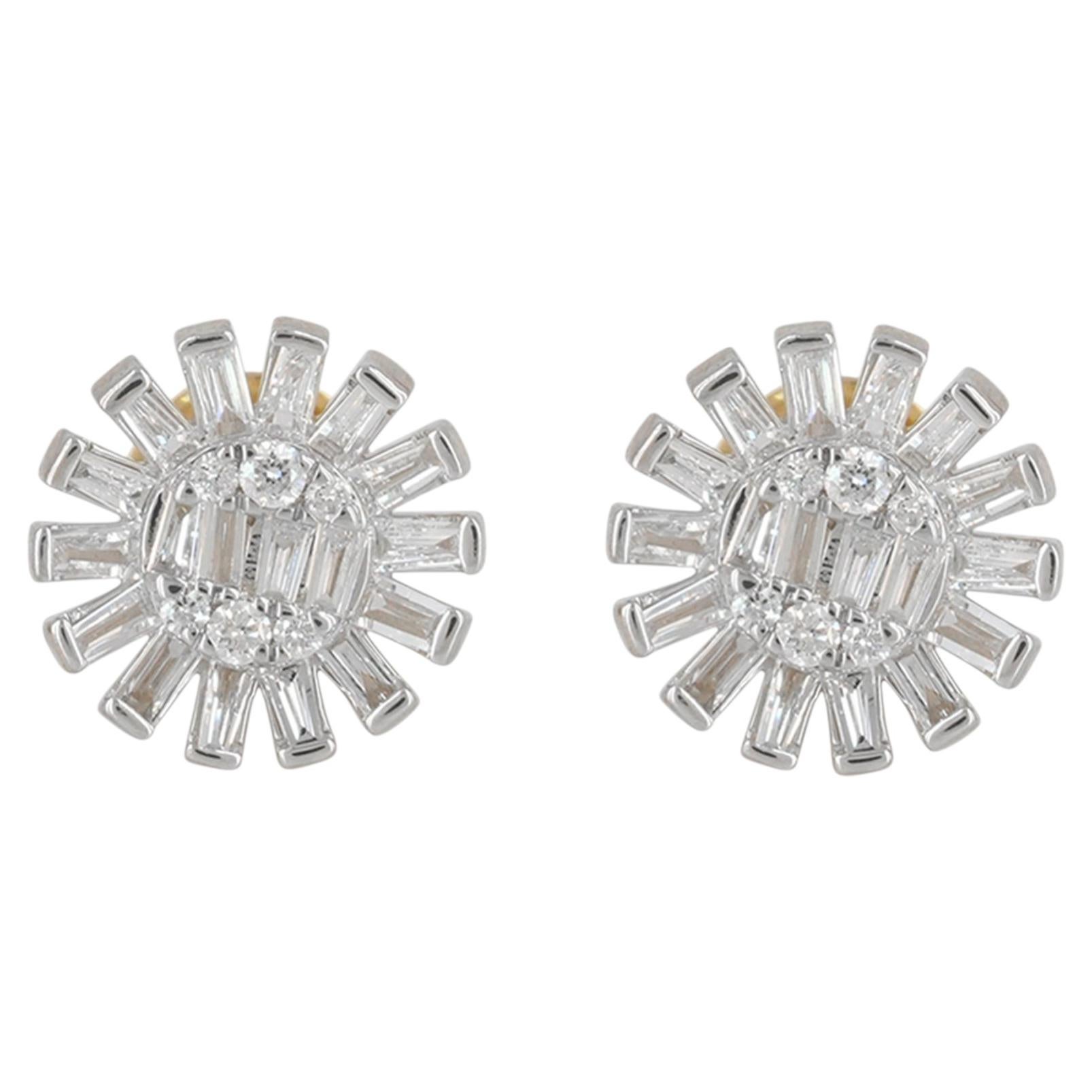 14K Gold Baguette & Round 0.42 Carat Diamond Sunburst Stud Earrings for Gift