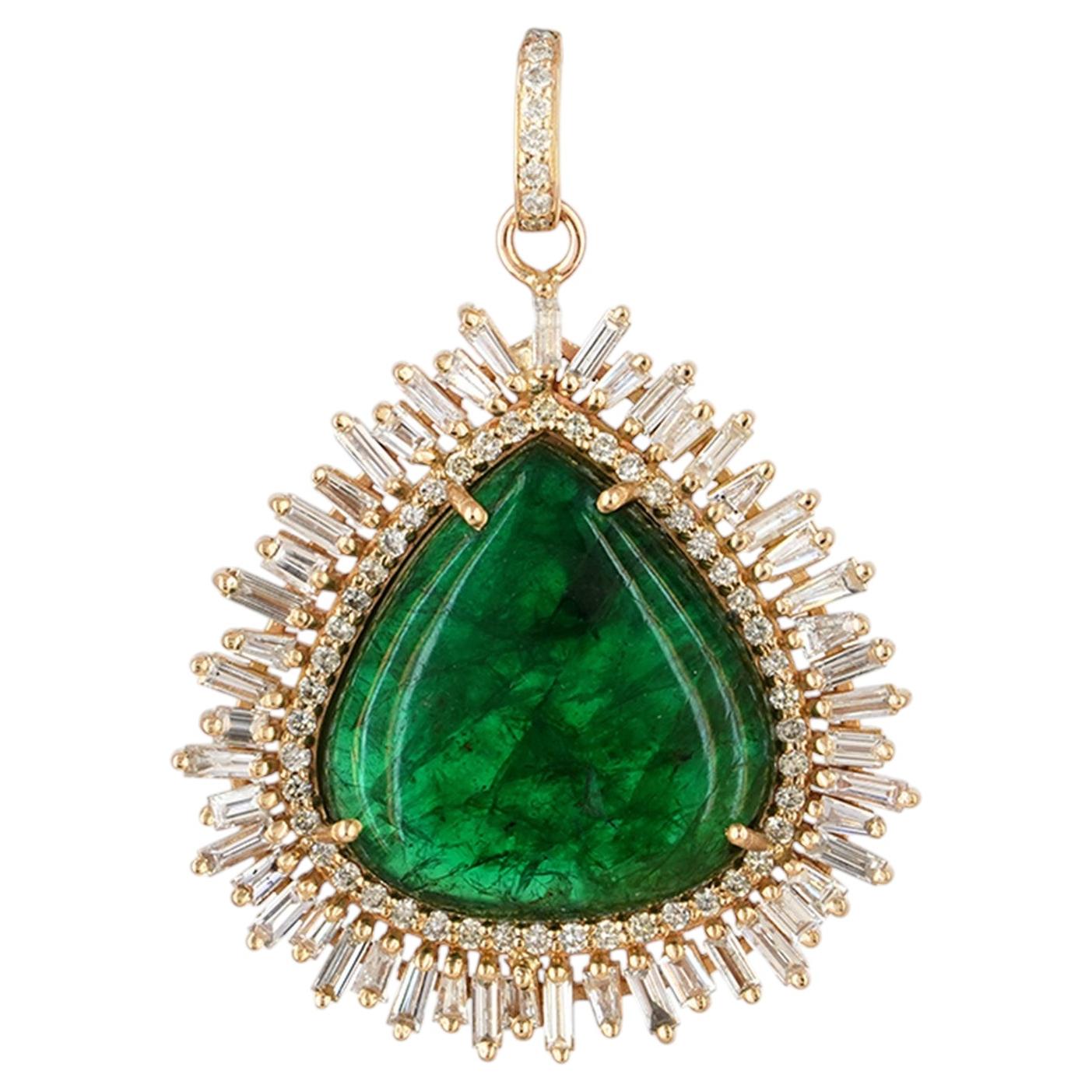 Natural Baguette Diamond Solid 14k Gold Natural Emerald Gemstone Pendant Jewelry