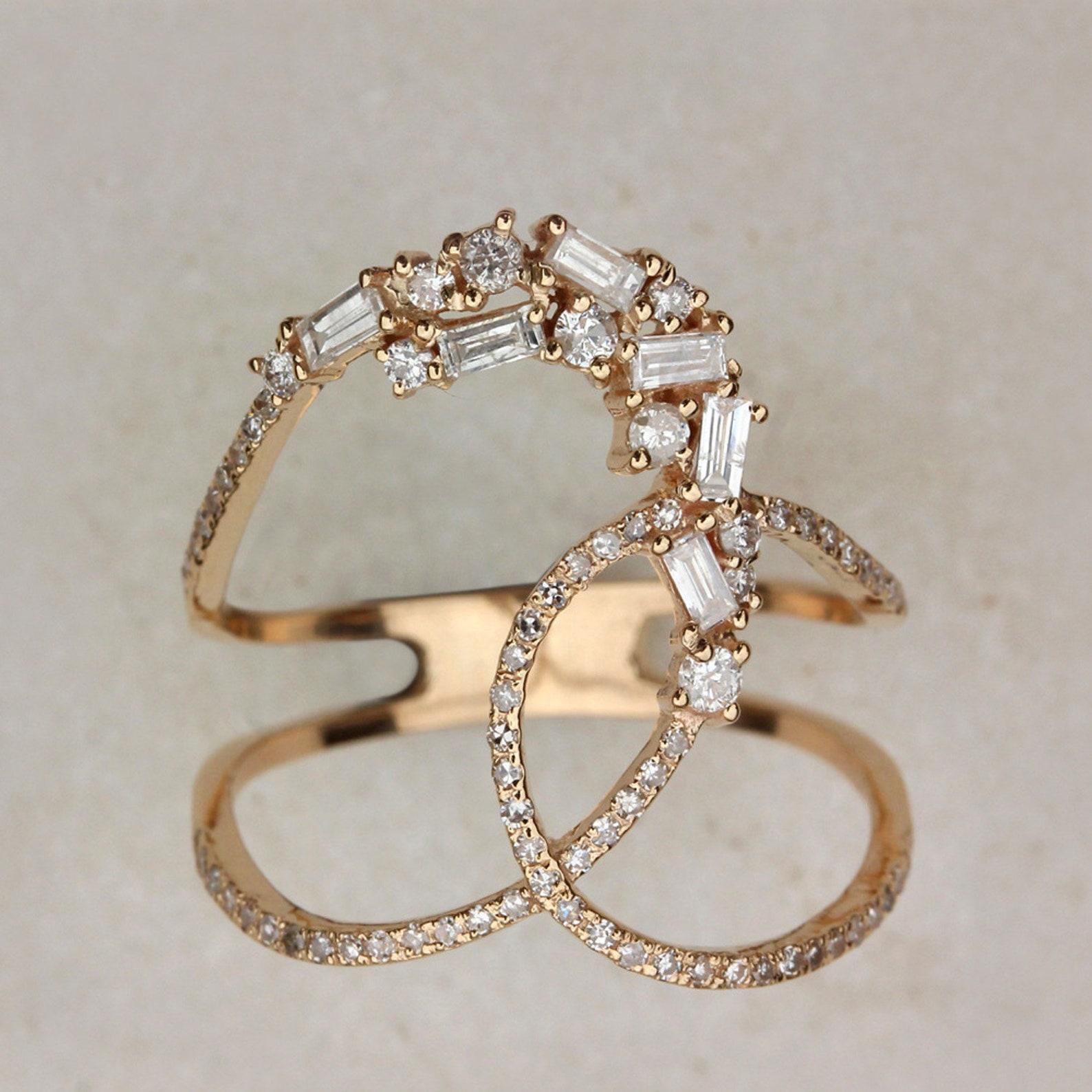 Schöner natürlicher Baguette Pave Diamantring 14k Gold Schöner Jahrestag-Ring für sie. (Brillantschliff) im Angebot