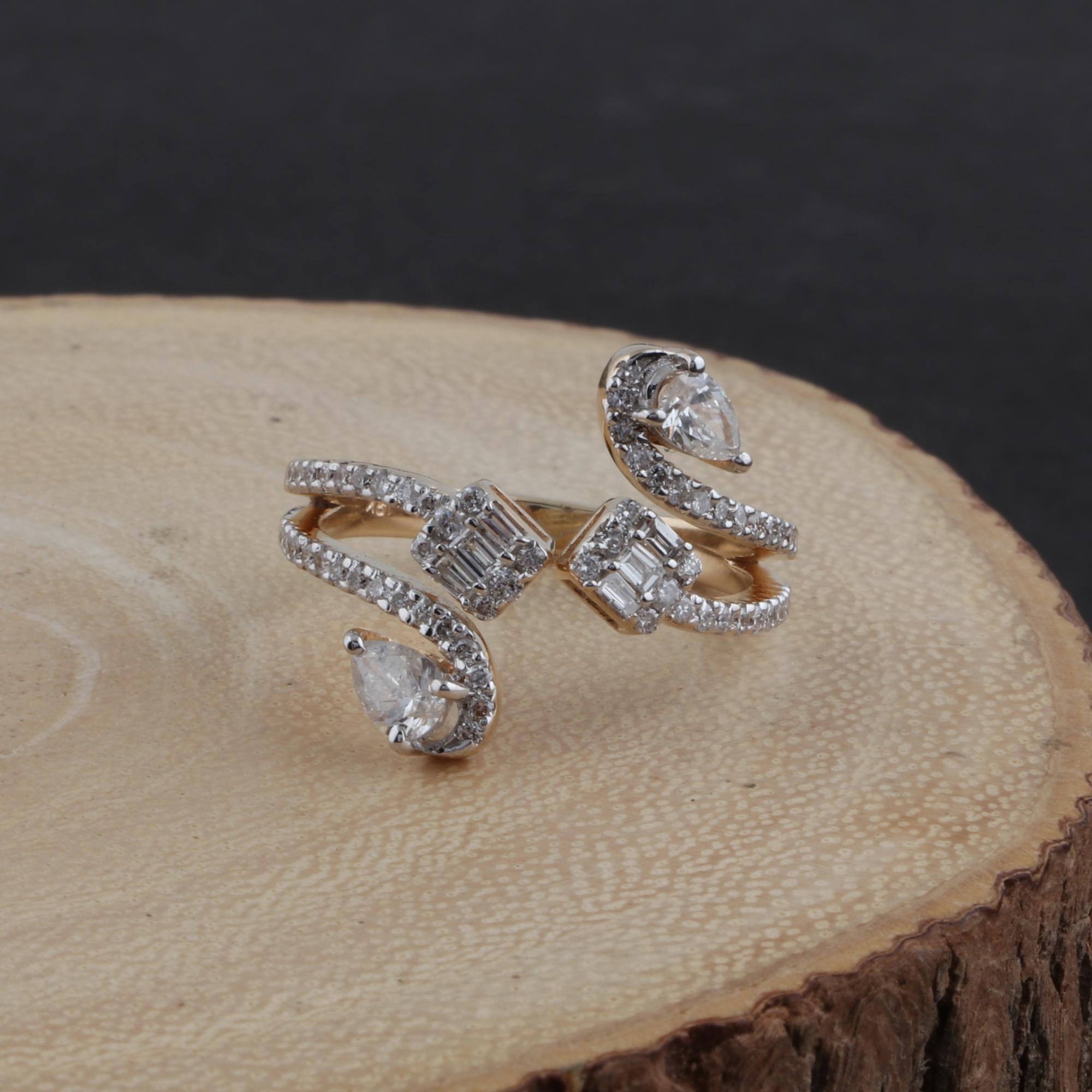 Modern Natural Baguette Pear Diamond Wrap Ring 18 Karat Yellow Gold Handmade Jewelry For Sale