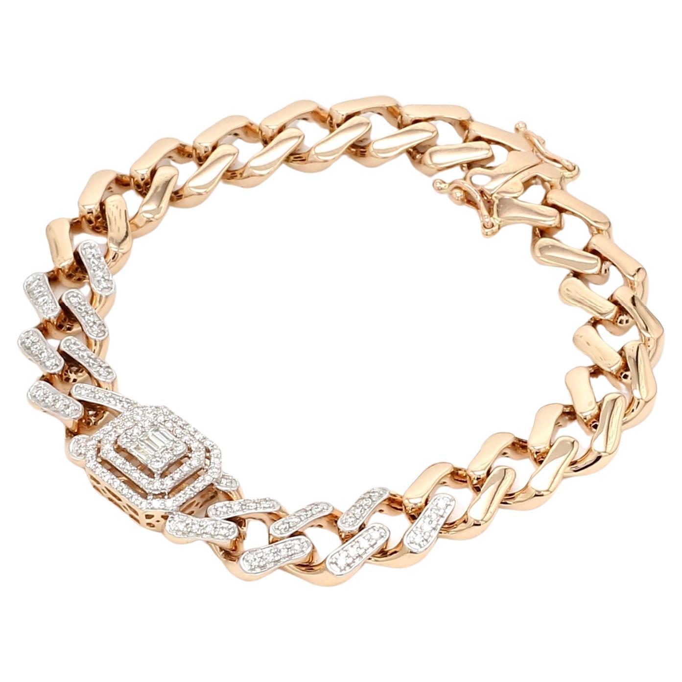 Natural Baguette & Round Diamond Cuban Link Chain Bracelet 18 Karat Rose Gold