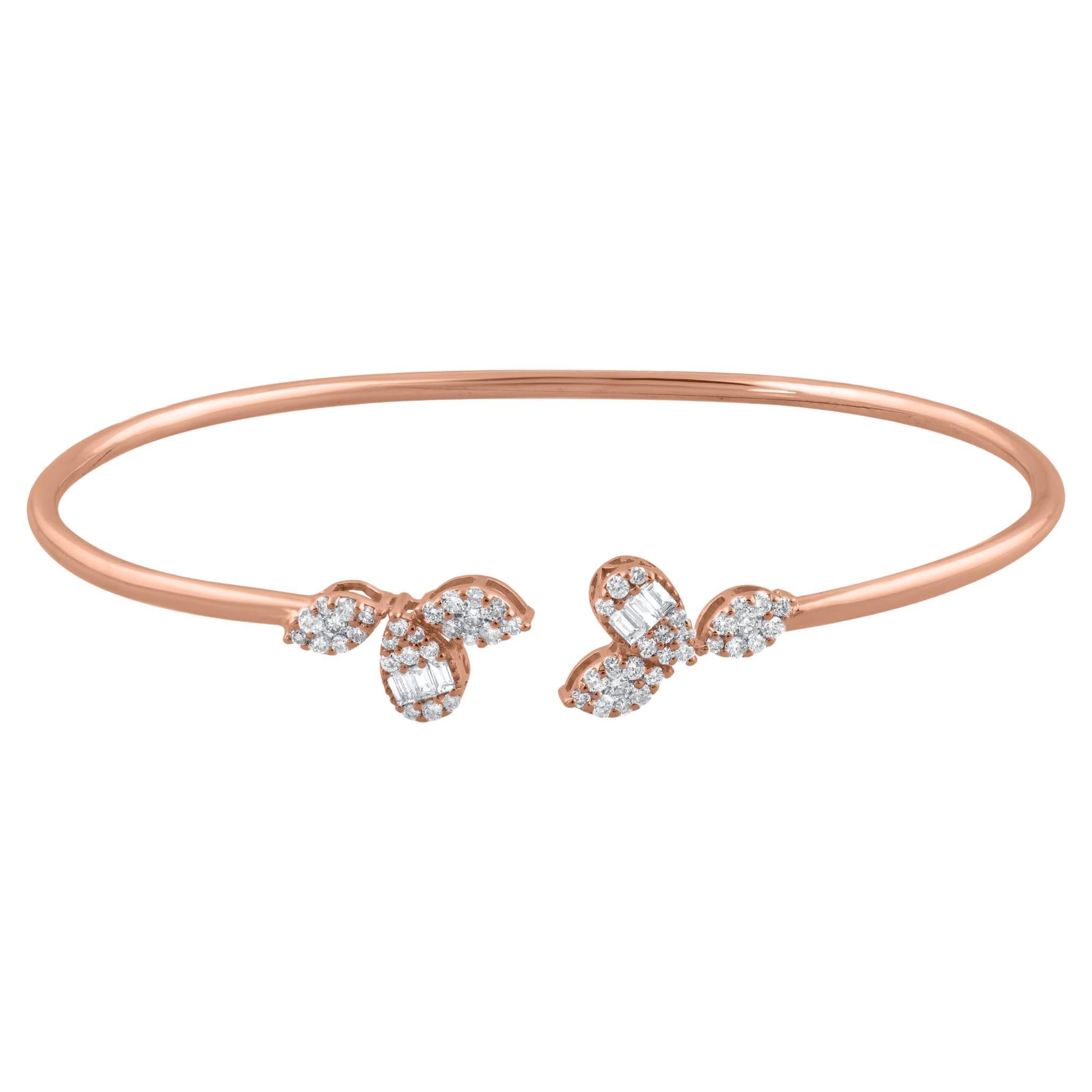 Natural Baguette & Round Diamond Leaf Bangle Bracelet 18 Karat Rose Gold Jewelry