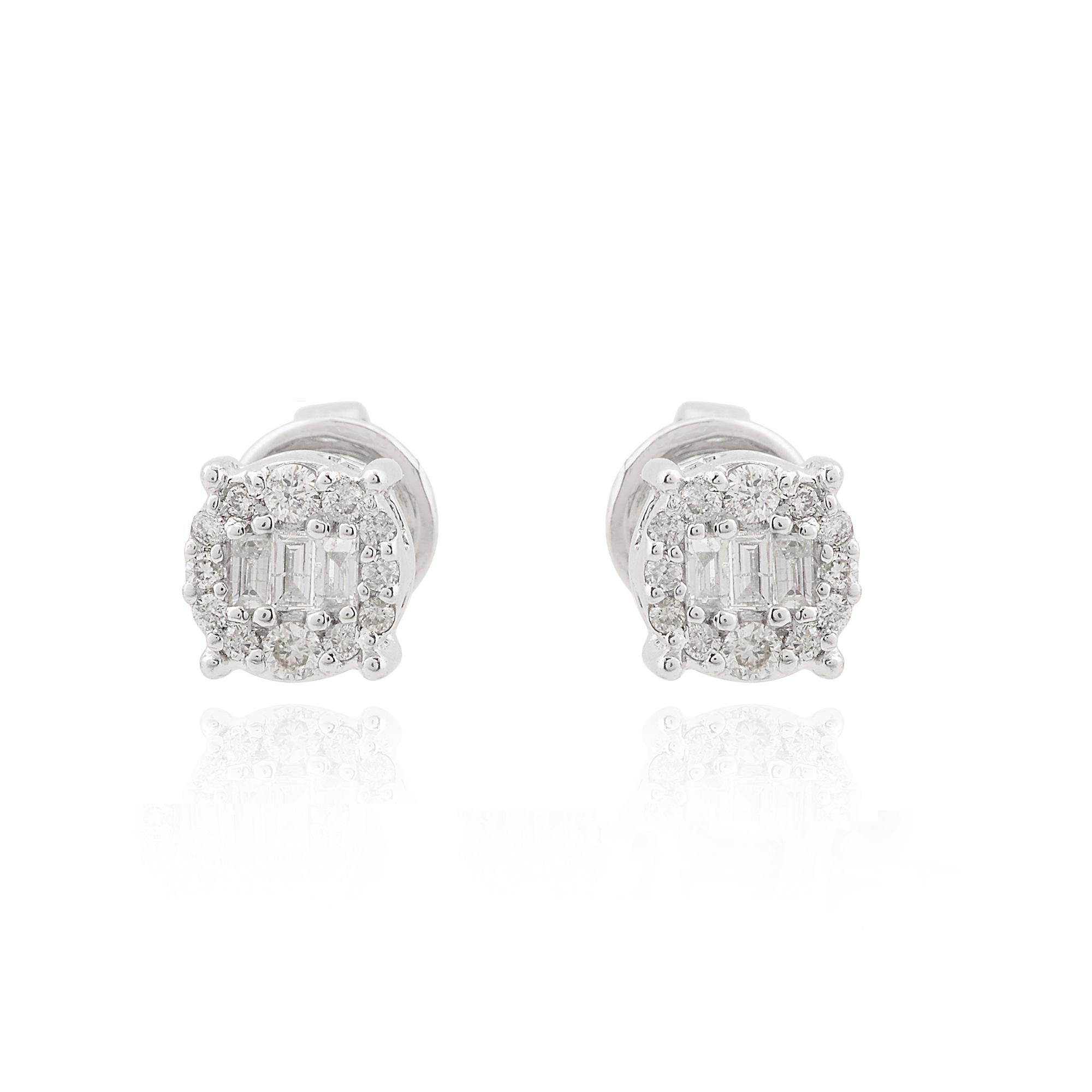 Elevate your style with the understated elegance of these natural baguette and round diamond minimalist stud earrings, expertly crafted in 10 karat white gold. Each earring features a sleek and contemporary design, adorned with a harmonious