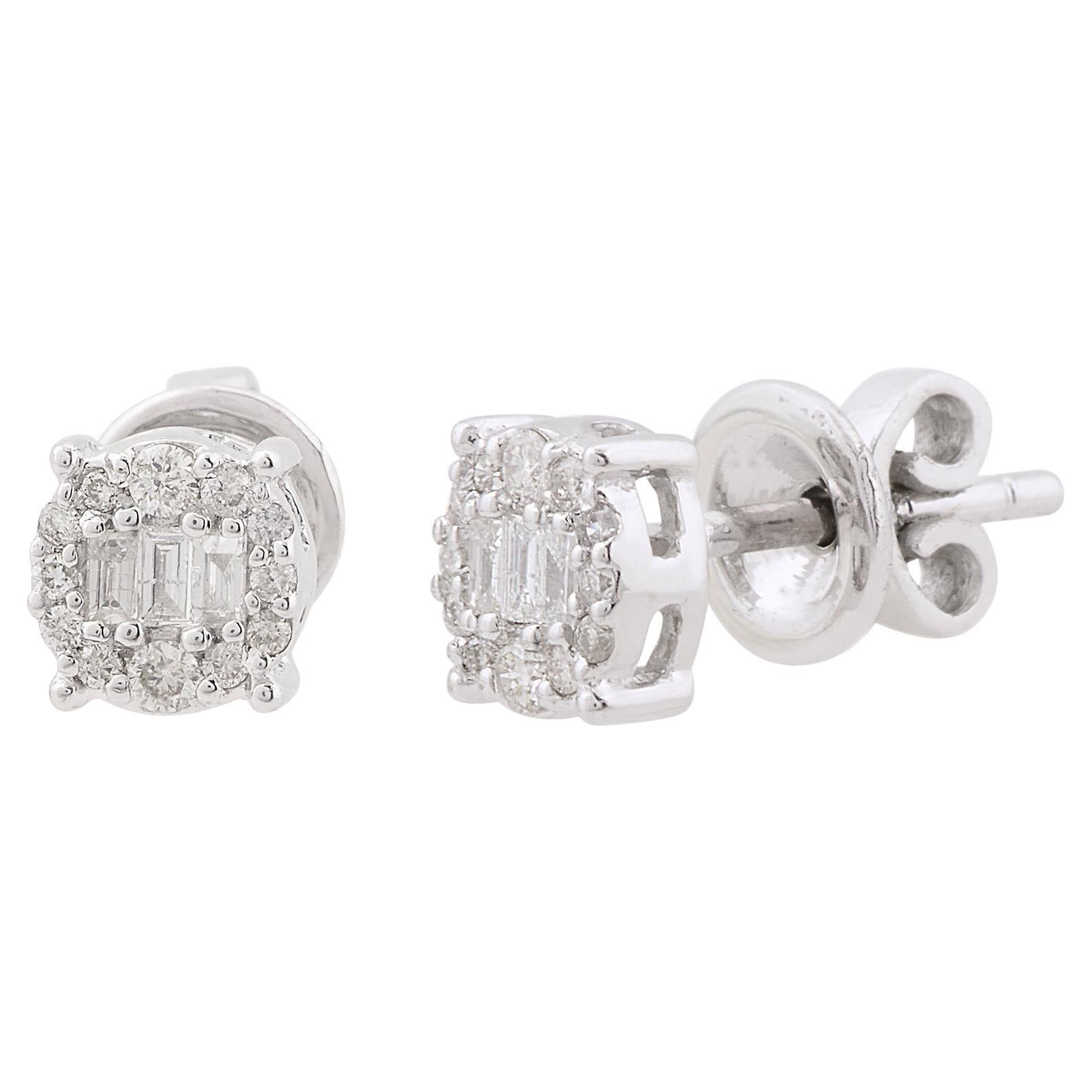 Clous d'oreilles minimalistes en or blanc 10 carats avec diamants ronds baguettes naturels