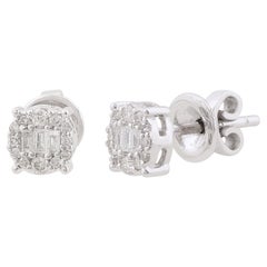 Natural Baguette Round Diamond Minimalist Stud Earrings 10 Karat White Gold