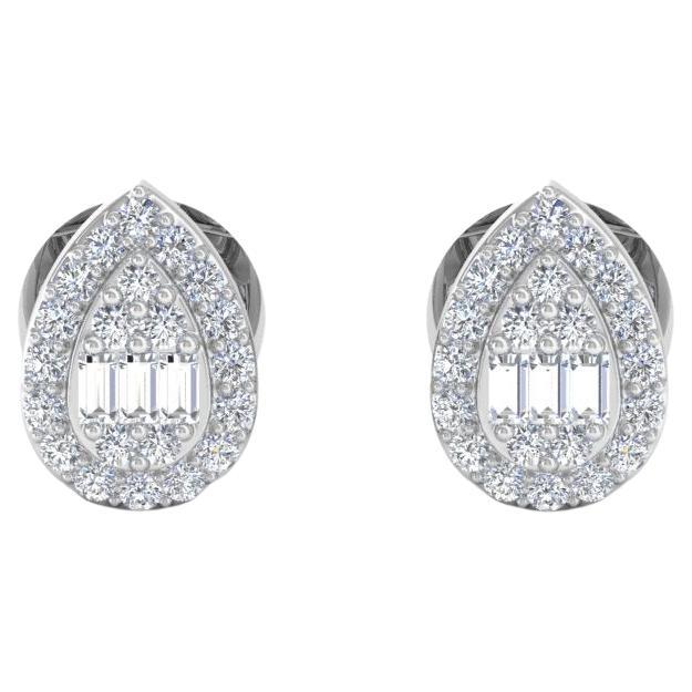 Natural Baguette & Round Diamond Pear Shape Stud Earrings 14 Karat White Gold For Sale