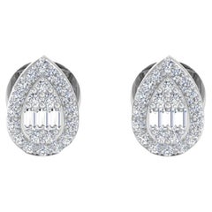Natural Baguette & Round Diamond Pear Shape Stud Earrings 14 Karat White Gold