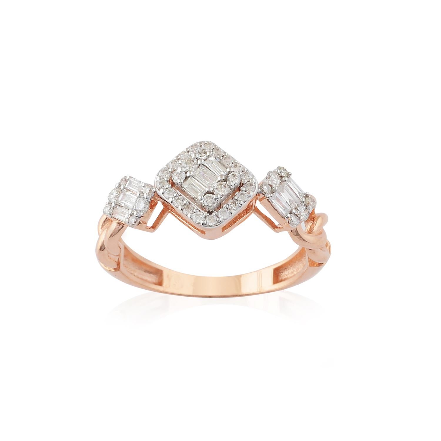 Promise-Ring aus 14 Karat Roségold mit natürlichem Baguetteschliff und rundem Diamanten, handgefertigt (Moderne) im Angebot