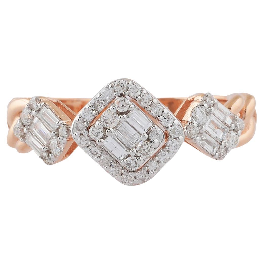 Promise-Ring aus 14 Karat Roségold mit natürlichem Baguetteschliff und rundem Diamanten, handgefertigt im Angebot