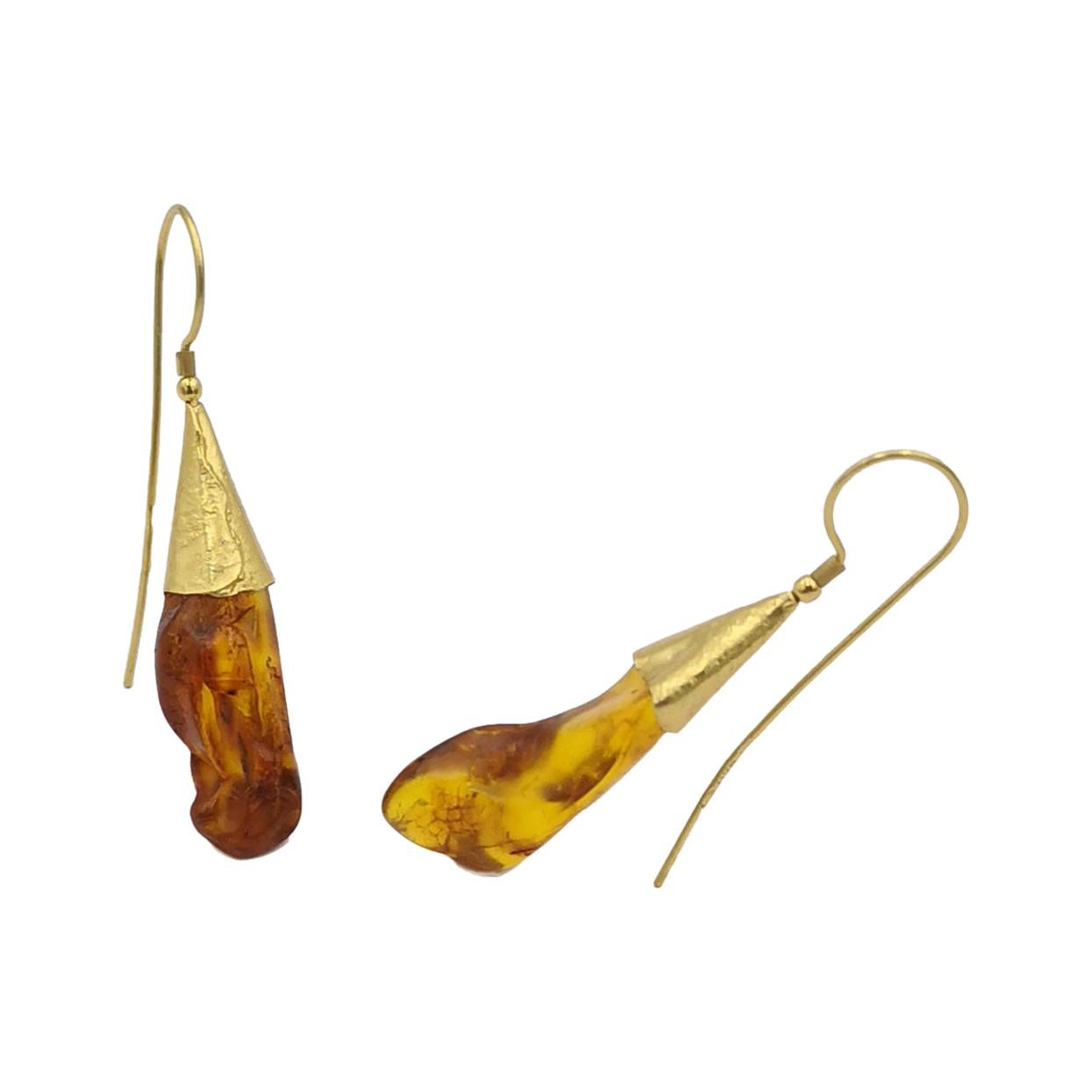 Natural Baltic Amber Gold Plate Silver Hand Made Artist Design Dangle Earrings For Sale