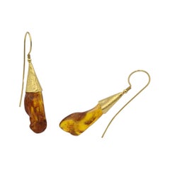 Natural Baltic Amber Gold Plate Silver Hand Made Artist Design Dangle Earrings