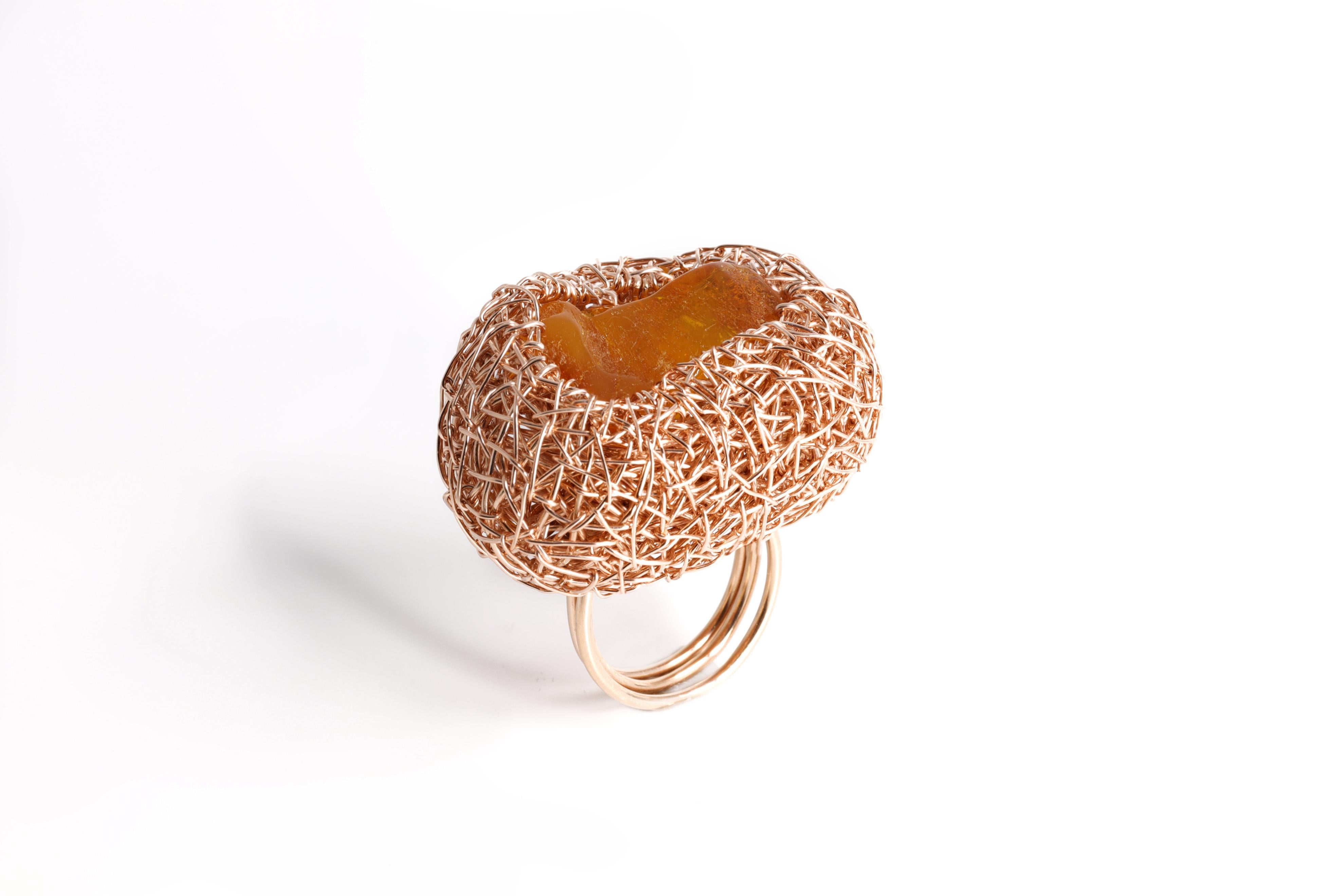 Contemporary Natural Baltic Amber in 14kt Rose Goldfilled Unique Cocktail Ring by the Artist For Sale