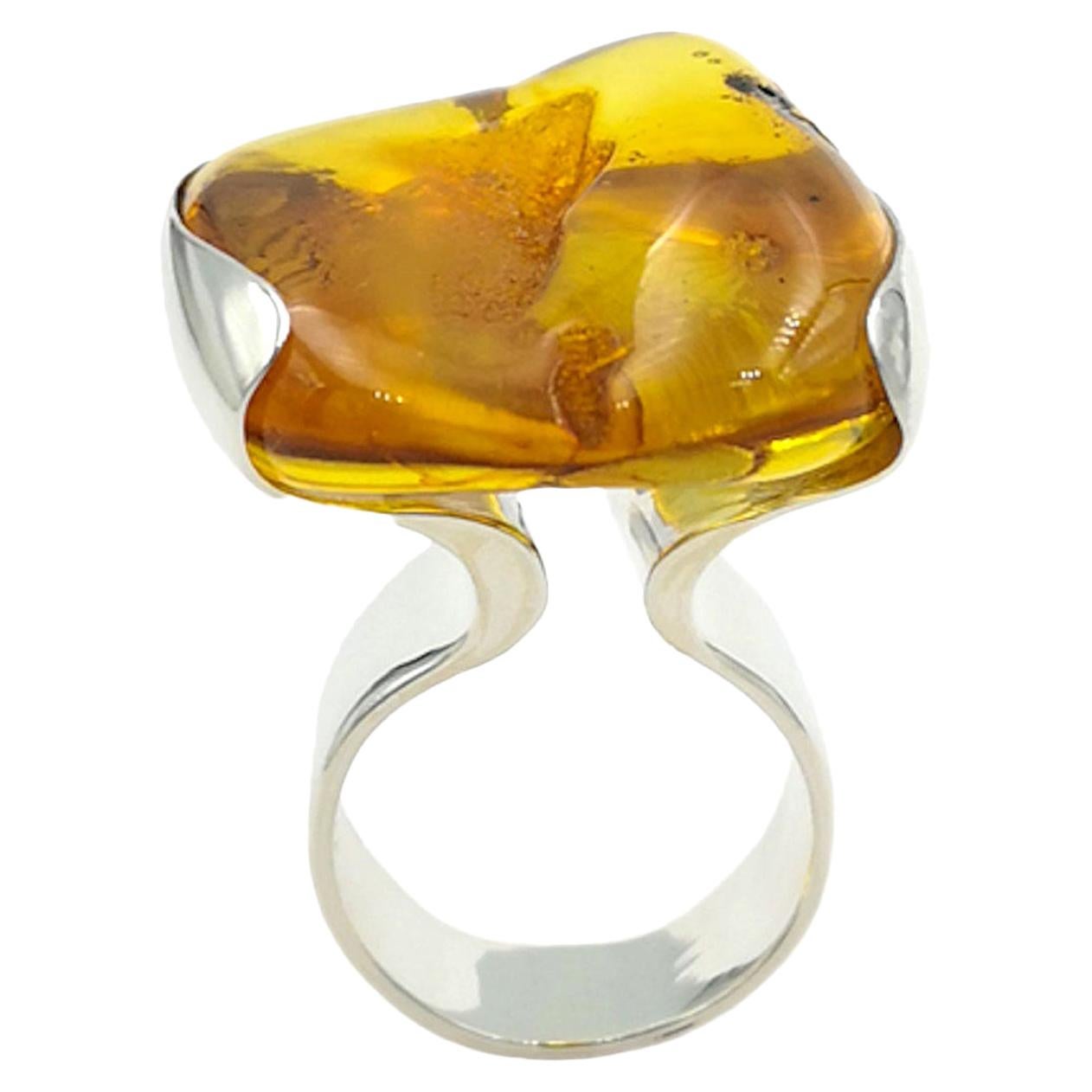 Natural Baltic Amber Silver Ring Artist Hand Made Design Rings For Sale