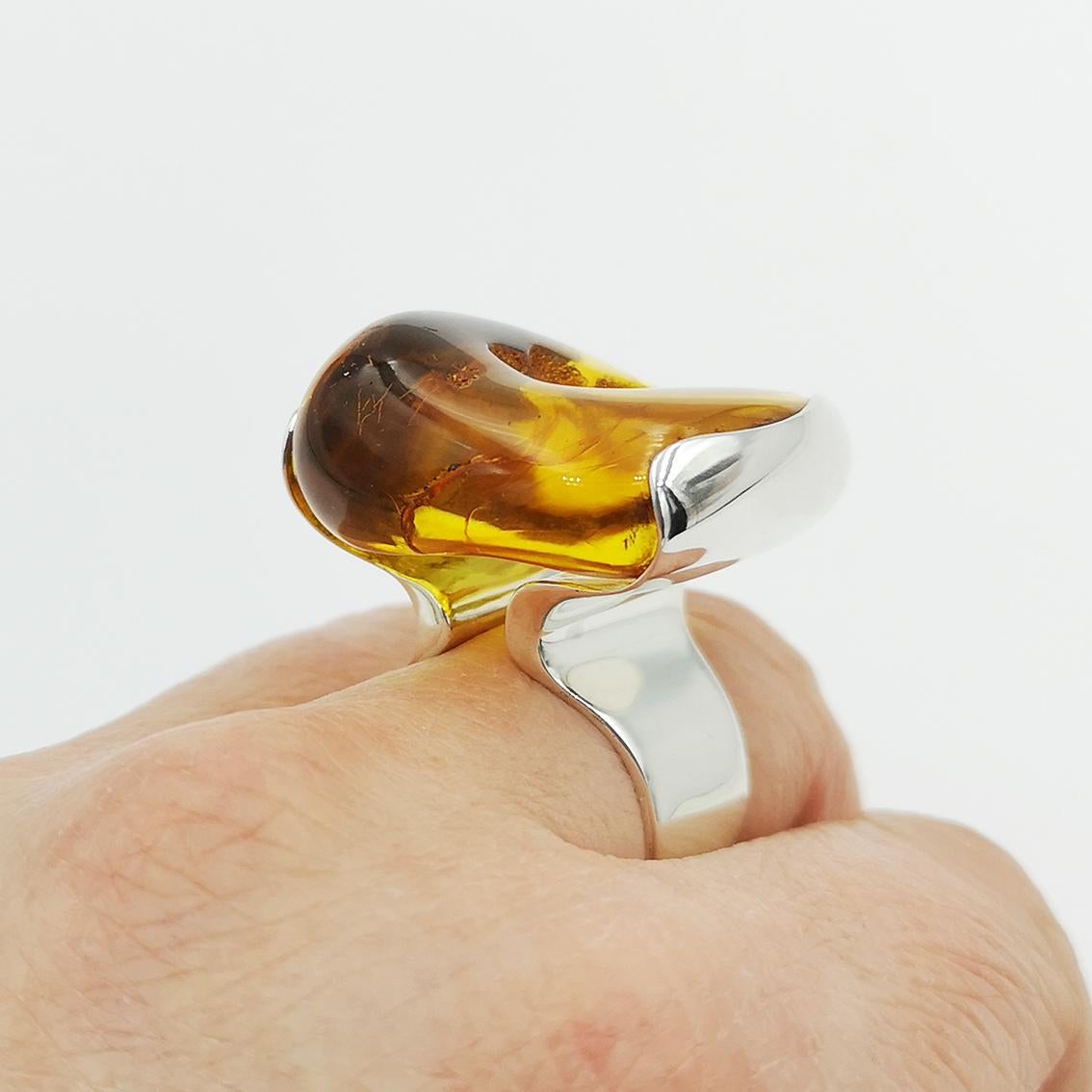 Modern Design Unique Plexiglass Baltic Amber Sterling Silver Ring E.Salwierz DESIGN