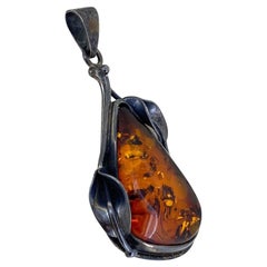 Natural Baltic Amber & Silver Vintage Foliate Pendant. Latvia, circa 1970's.