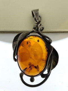 Natural Baltic Amber & Silver Vintage Large Pendant. Latvia, circa 1970's.