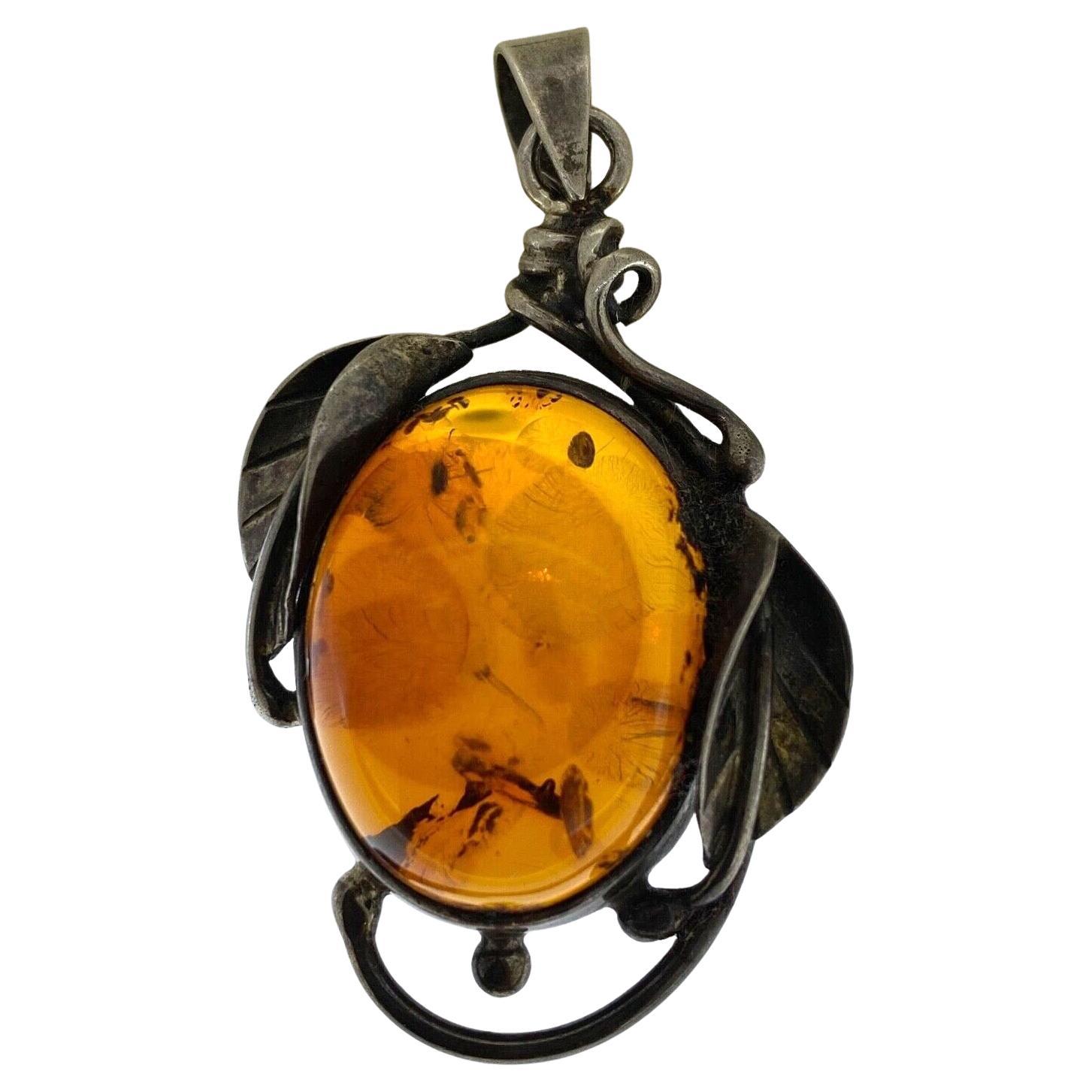 Natural Baltic Amber & Silver Vintage Large Pendant. Latvia, circa 1970's.