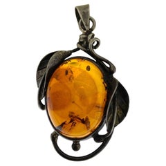 Natural Baltic Amber & Silver Vintage Large Pendant. Latvia, circa 1970's.