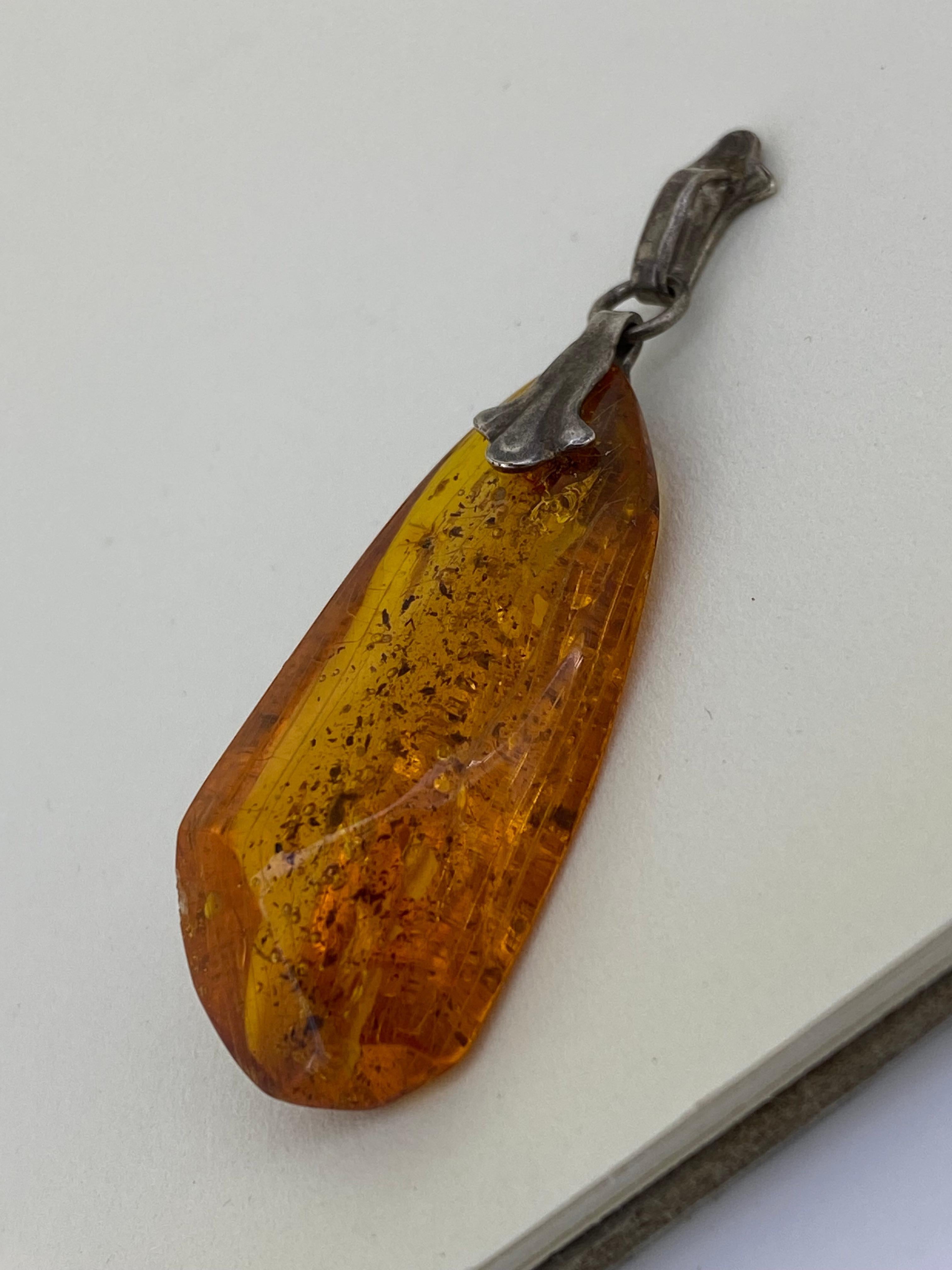 Cabochon Natural Baltic Amber & Silver Vintage Pendant. Latvia, circa 1970's.