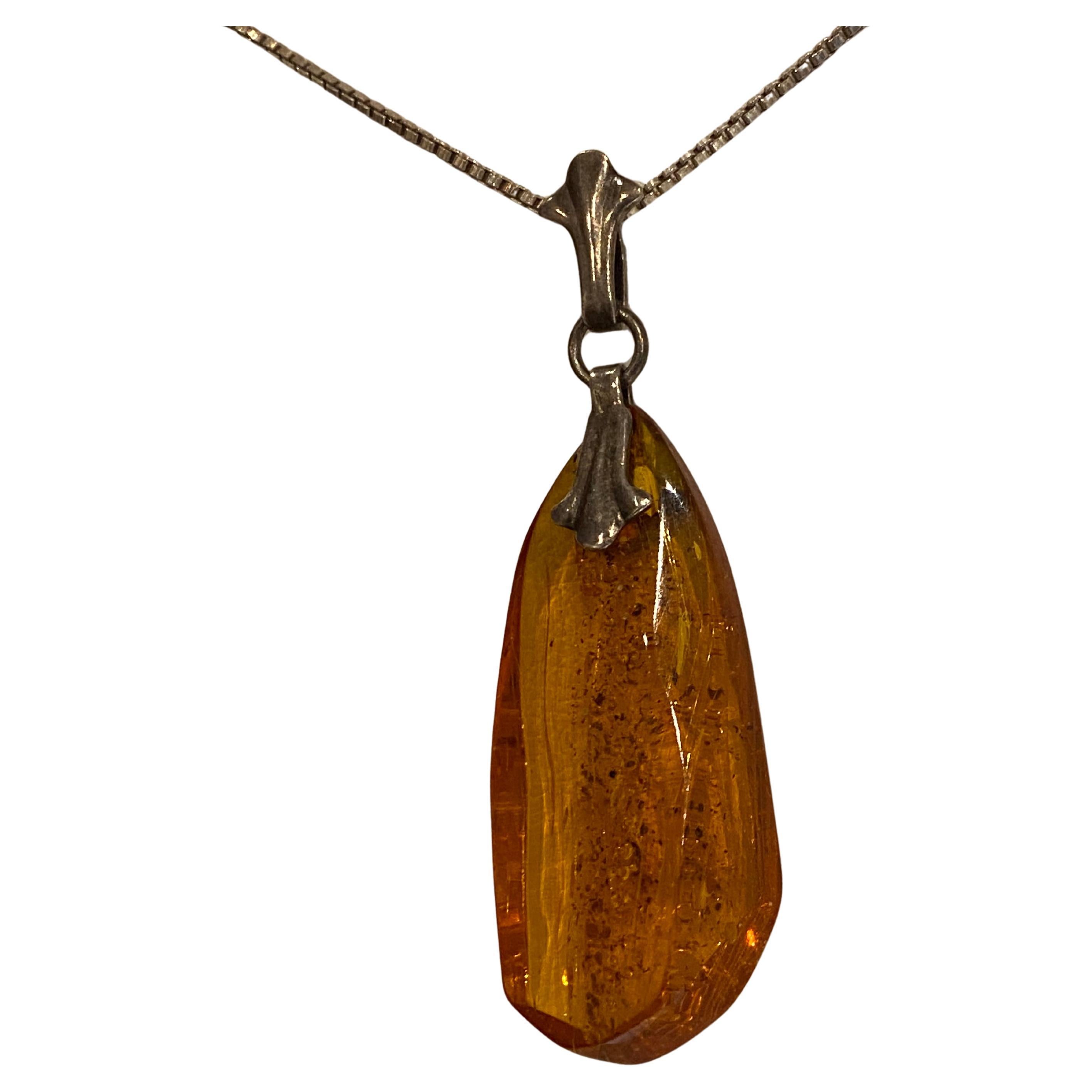 Natural Baltic Amber & Silver Vintage Pendant. Latvia, circa 1970's.