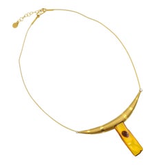 Natural Baltic Amber Zircon 24 K Gold Plate Silver Contemporary Modern Necklace