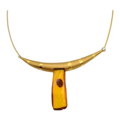 Natural Baltic Amber Zircon 24 K Gold Plate Silver Contemporary Modern Necklace