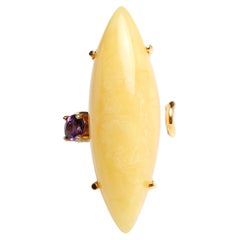 Natural Baltic Butterscotch Amber and Amethyst 14K Gold Plated Adjustable Ring