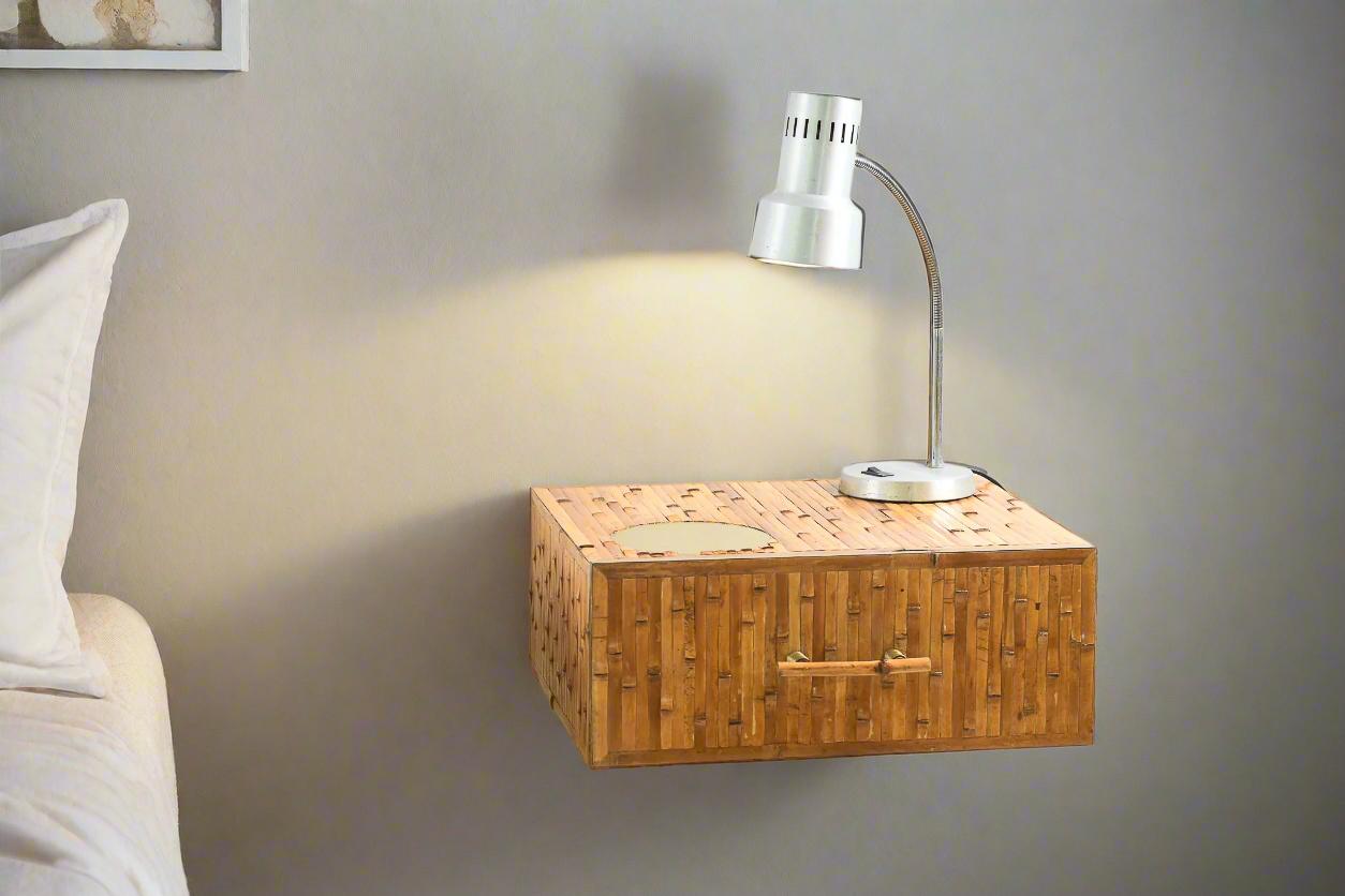 Mid-Century Modern Natural Bamboo and Brass Bedside Cabinet Wall Mounted For Sale