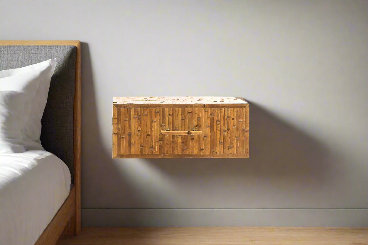 Hand-Crafted Natural Bamboo and Brass Bedside Cabinet Wall Mounted For Sale