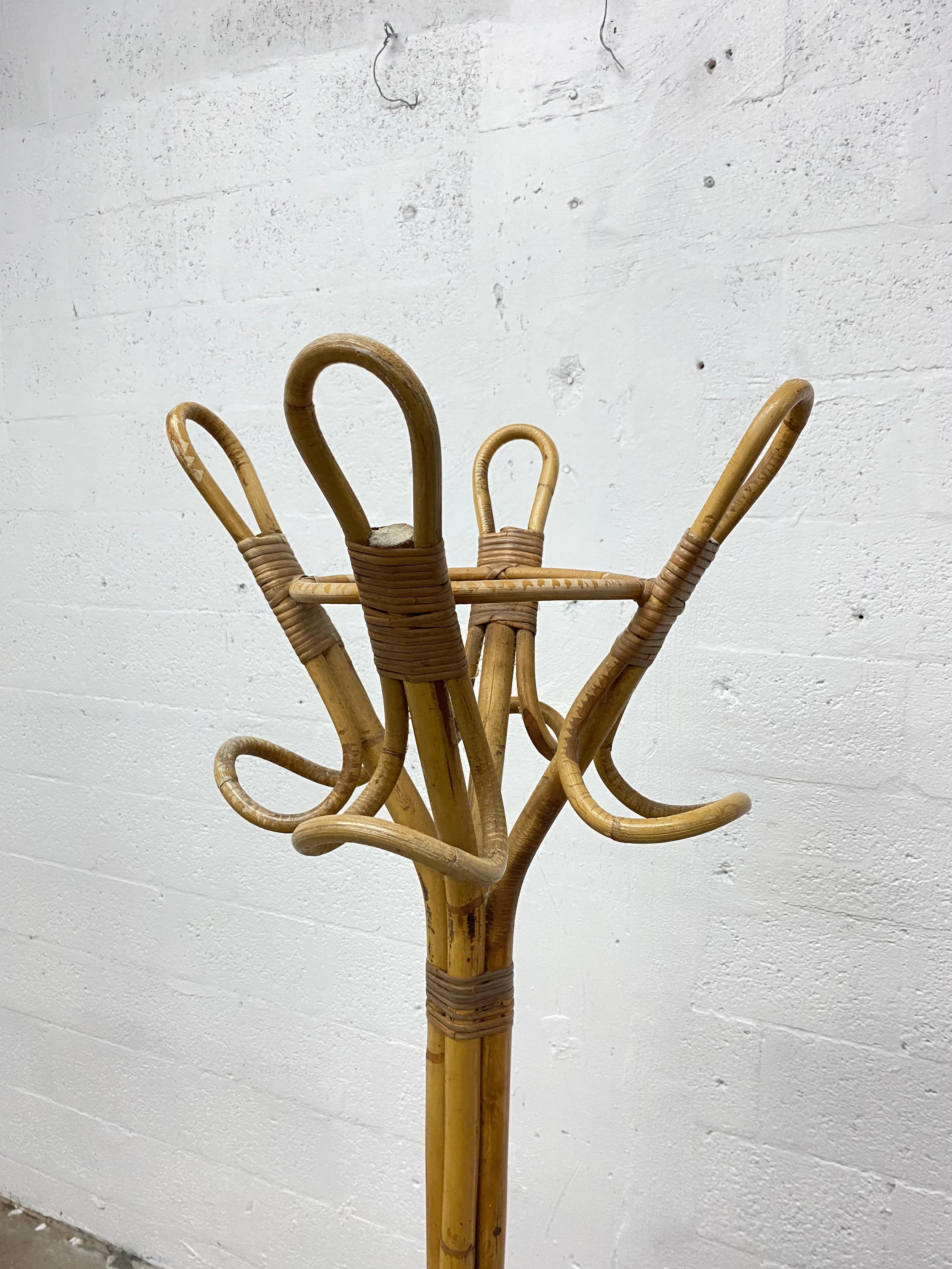 Natural Bamboo and Rattan Coat Rack in the Manner of Franco Albini, 1950s 1